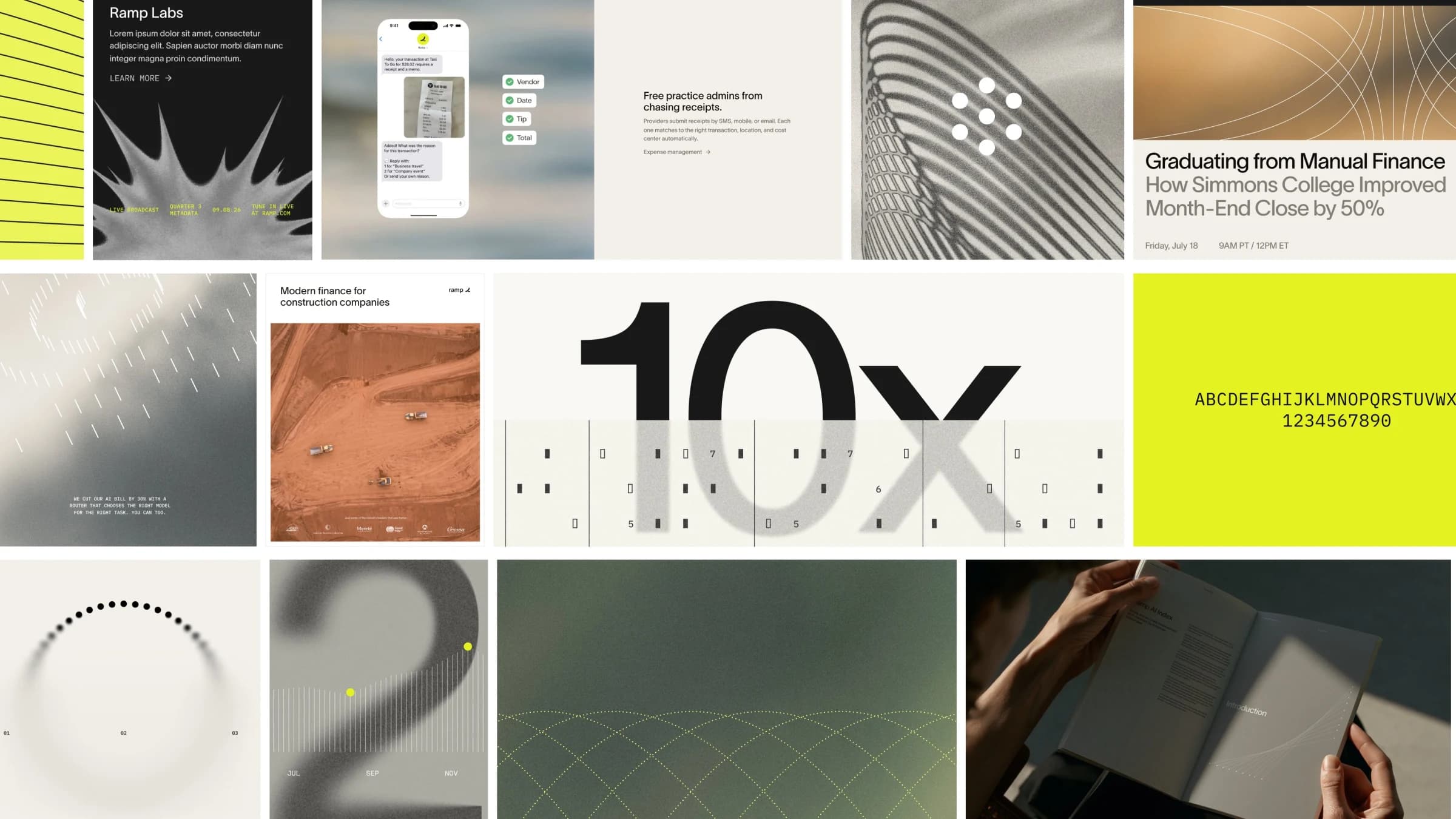 Ramp visual system showing solar yellow, cream, black, stretched type, product screens and generated texture
